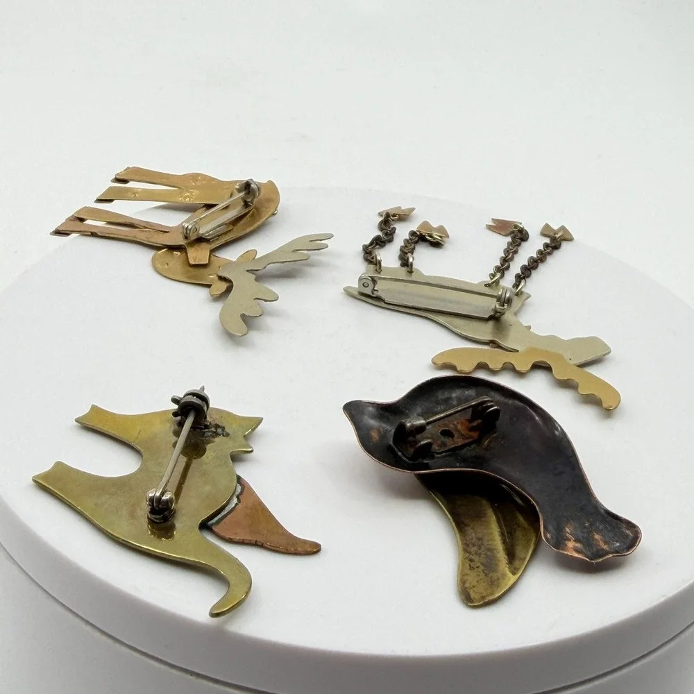 Lot of 4 Brass & Copper Tone Animal Brooch Pin Moose Cat Bird Folk Art Christmas